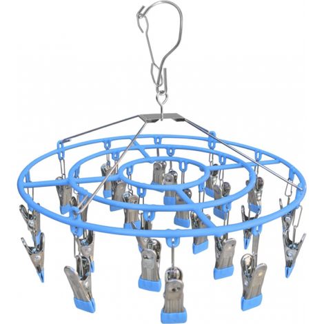 Étendoir à linge en acier inoxydable avec 24 pinces, crochet pivotant rond, séchoir coupe-vent pour sécher serviettes, soutiens-gorge, chaussettes, lingerie, vêtements de bébé (bleu)