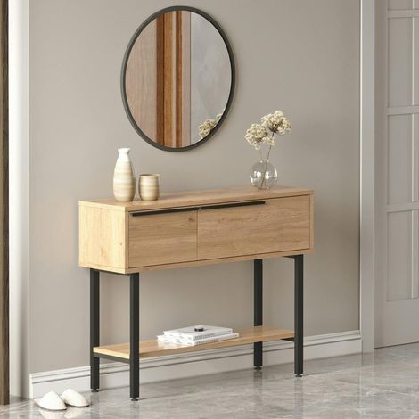 Console d'entrée rangement 2 portes décor bois et miroir JENA