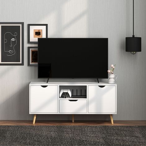 Meuble TV pour max 50" avec tiroir, étagère ouverte et armoires, 110x40x50 cm, blanc et bois (1/5)