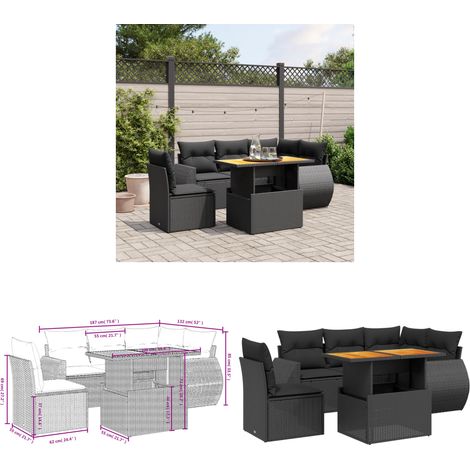 Salon de jardin 6 pcs avec coussins noir résine tressée - Salon De Jardin - Meuble Extérieur - Set Salon - Résine Tressée - Rotin Synthétique - Home & Living (1/3)