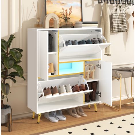 Meuble à chaussures 80x25x96 cm blanc en panneaux de particules avec façade brillante, LED 16 couleurs et étagères réglables (1/5)