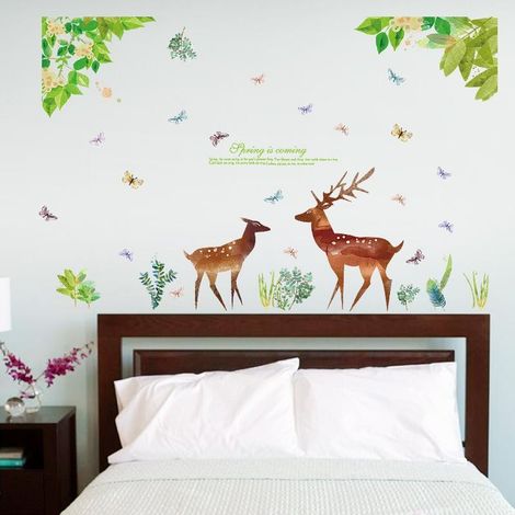 Autocollant mural décoratif motif cerf vert sable, pour fond de chambre. (1/5)