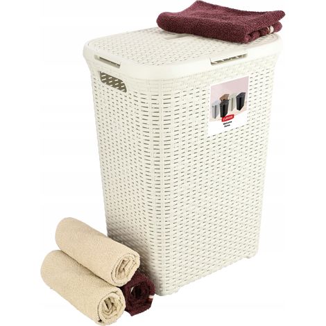 Curver – Panier à linge 60 L crème – Couvercle étanche – Design naturel – Pour salle de bain et buanderie