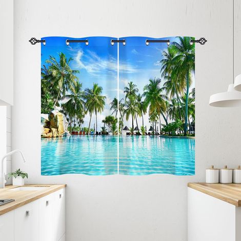 Rideau Occultant Tropical Océan Plage Palmier Tenture Opaque à Oeillets Draperies Intérieurs Rideau Thermique Isolant pour Maison Chambre Salon Fenetre 2 Pièces L 71 x H 138 cm - 71L X 138H cm (2 Pann (1/5)