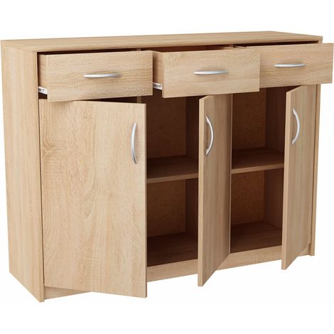 Buffet contemporain 3 portes 3 tiroirs – Panneau stratifié 16mm – Dimensions 110 x 35 x 85 cm – Poignées satinées et charnières métal