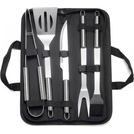 outils de barbecue en acier inoxydable : pince, fourchette à viande, pinceau à badigeonner, spatule, couteau + sac de transport pour pique-nique, camping, barbecue