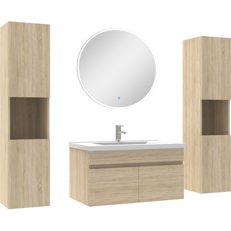 Ensemble meubles Salle de Bain simple vasque 80cm, colonnex2 et miroir rond Chêne Wotan (1/5)