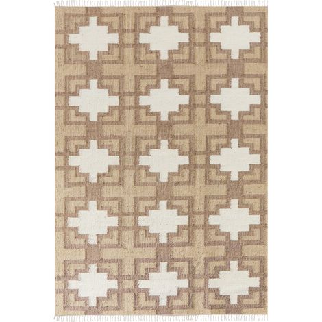 Alfombra de yute trenzado de algodón natural de estilo boho con borlas de diseño geométrico 160 x 230 cm beige Konturkay