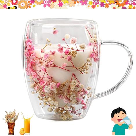 Tasses à Double Paroi en Verre avec Fleurs Séchées - Pour Café, Thé, Lait, Boissons Chaudes ou Froides (C) (1/5)