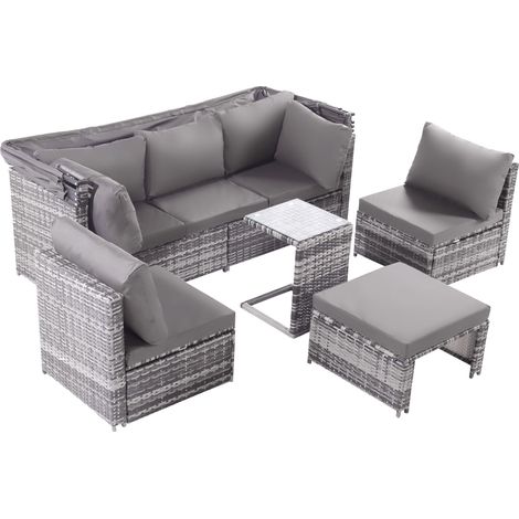 Salon de Jardin Modulaire en Rotin avec Pare-Soleil Pliant, Banc et Table d'Appoint du Verre, Gris (1/5)