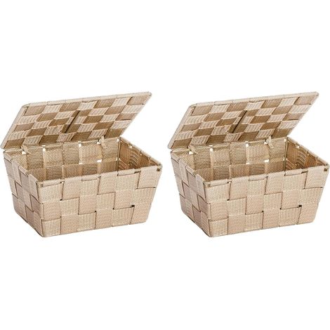 Badezimmer-Aufbewahrungskorb – 2er-Set – Beigefarbenes Polypropylen – Mit stapelbarem Deckel – Für Kosmetik und Accessoires – 19 x 10 x 14 cm (1/5)