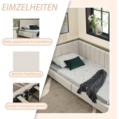Lit simple 90200 cm, revêtement en velours doux pour la peau, lit enfant avec dossier haut, idéal pour les chambres d'enfants, convient aux chambres d'amis et aux studios, beige (sans matelas) (1/5)