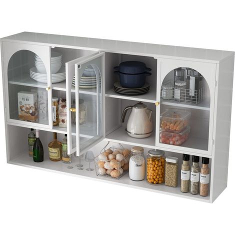 Vitrine 120 cm 120 cm rangement mural meuble de rangement quatre portes vitrées verre gris finition blanche (1/2)