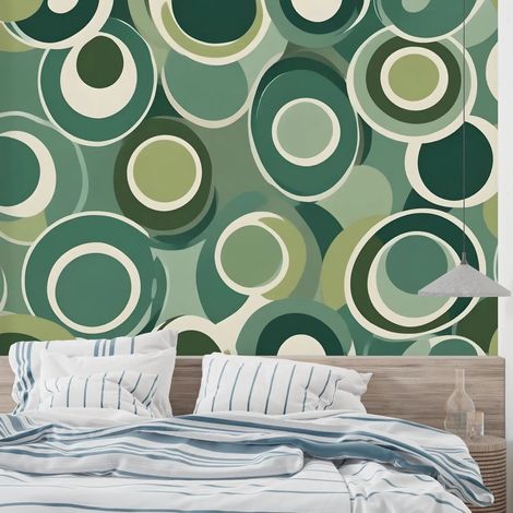 Papier Peint Géométrique - Cercles imbriqués vert et beige - 150 x 250 cm (1/2)