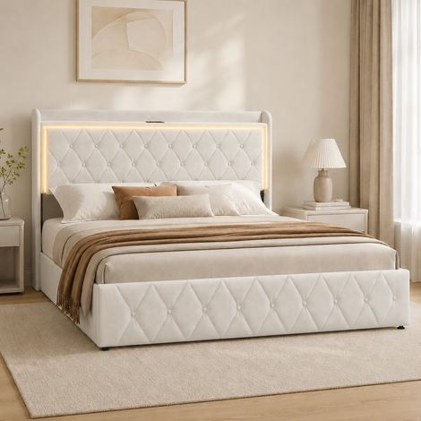 Lit coffre 140x200 cm avec sommier, tête de lit équipée LED et ports USB, hydraulique, velours beige (1/5)