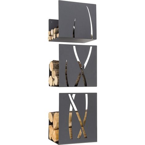 Portalegna da Parete 3 Elementi 35x25,5 cm 3 Altezze 41,5-35,5-30,5 Crea Fuoco Trio in Acciaio Nero (1/2)