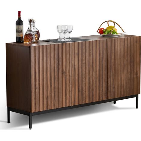 Buffet Sideboard 150x40x80cm Chêne Foncé, Meuble de Rangement Mid-Century Modern 3 Portes, Design 3D Ondulé, Étagères Réglables, Anti-basculement (1/5)