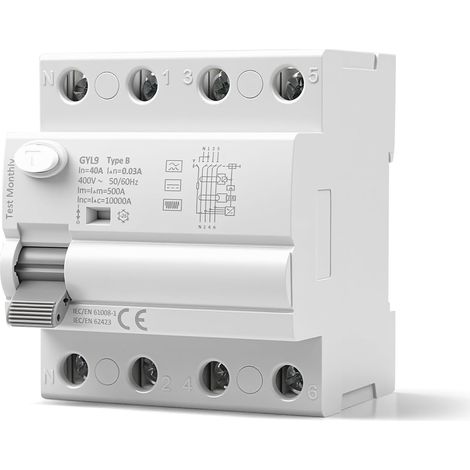 Disjoncteur Differentiel 30mA 40A Type B AC400V Interrupteur Différentiel RCCB Disjoncteurs électriques Rail DIN pour systèmes Photovoltaïques et Stations de Recharge(GYL9-4P-40A-0.03A) (1/5)