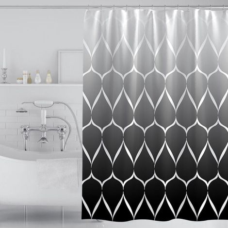 Duschvorhang 180 x 180 cm, wasserdichtes und schimmelresistentes Polyester, Wellenmuster, schwarz-weiß mit Farbverlauf. (1/4)