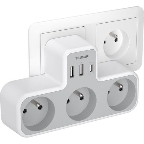 Multiprise Murale Française 3 Sortie AC et 3 Ports USB, 6 en 1 Prise Chargeur Française, Adaptateur Secteur 4000W, Convient pour la Maison, Bureau, Compatible avec Phone, Portable (1/5)