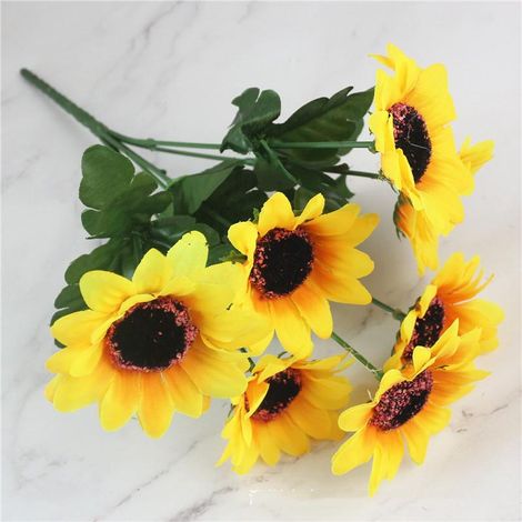 7 Tiges de tournesols artificiels réalistes, tige unique en soie décorative pour bouquet de mariage, décoration maison et fête (1/5)