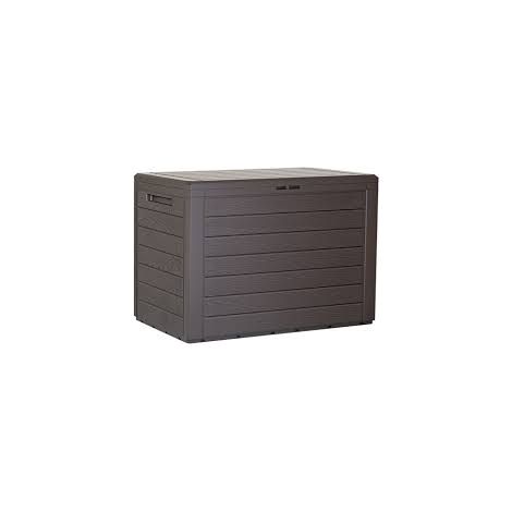 Baul de jardin 190 litros Prosperplast Woodebox de plastico en color ocre oscuro 78 x 43,3 x 55 cm