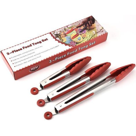 3 x keukentang rvs - serveertang - salade tang - barbecuetang 30 cm 27 cm et 23 cm - tang - bbq tang - Rouge