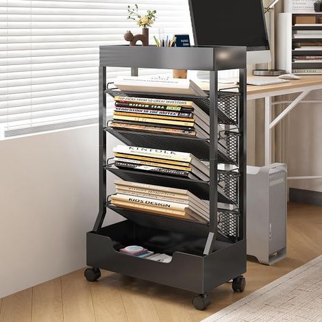 Metal Book Trolley Narrow Mobile Bookcase Casters (1/5)