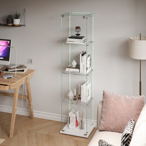 Vitrine en Verre Trempé 4 Étagères avec bande lumineuse LED, Vitrine Armoire de Collection à Serrure, Vitrine Sur Pied Transparente 360°, 39.8x35x163cm, Blanc