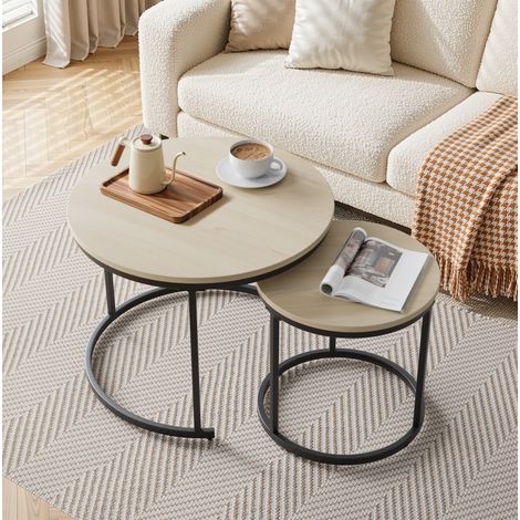Table basse gigogne ronde 60x60x45 cm chêne, structure en métal, lot de 2 MEUBLIV (1/5)