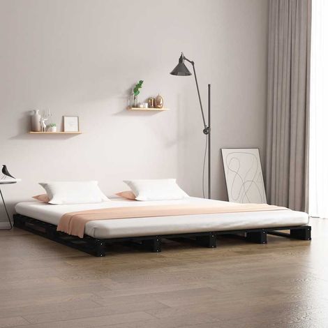 Lit palette avec sommier à lattes 140 x 190 cm en pin massif noir sans matelas - PANGIVO (1/5)