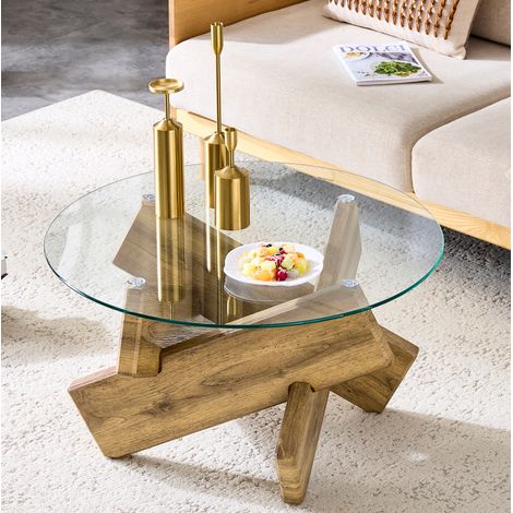 Tavolino da caffè rotondo 79x79x45 cm, piano in vetro, base a croce, MDF e vetro, trasparente e legno (1/5)