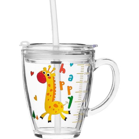 Joli verre doseur en borosilicate de 300 ml avec couvercle, paille et anse (motif dessin animé) – Résistant à la chaleur, idéal pour l'eau et les jus. (1/5)