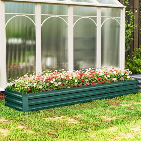 Huerto rectangular elevado, de acero galvanizado, con fondo abierto, 240 x 60 x 30 cm, verde.