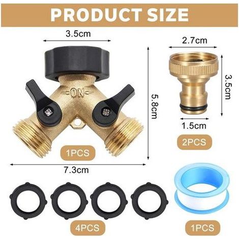 Répartiteur en Y à 2 voies 3/4" avec valve à bille d\'arrêt – Comprend 2 adaptateurs de tuyau, 4 joints en caoutchouc et ruban d\'étanchéité PTFE, idéal pour la maison et le jardin (1/4)