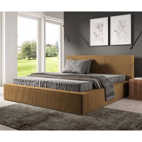 Lit capitonné Sofello FILO, coloris moutarde, 140 x 200 cm, en velours côtelé avec sommier à lattes métalliques. Design moderne aux couleurs tendance, avec espace de rangement. (1/5)