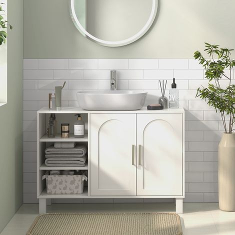 Mobile bagno moderno con 2 ante e ripiani regolabili, 90x30x63 cm, color crema.