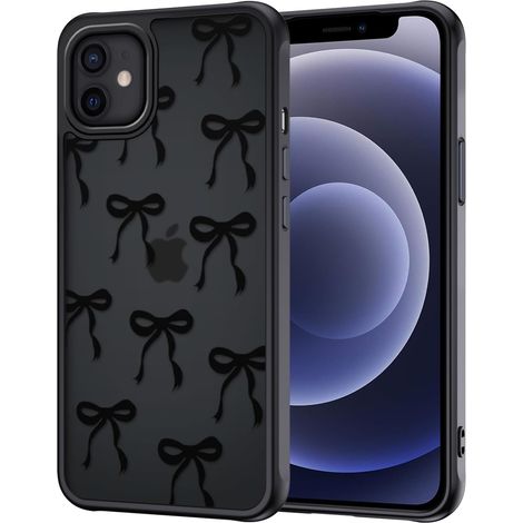 Coque pour iPhone 12/12 Pro, Aesthetic Papillon Nœud Motif Étui Translucide Mat Silicone TPU + PC Arrière Antichoc Anti-Jaune Bumper Housse Case pour Filles Femme, Noir (1/5)