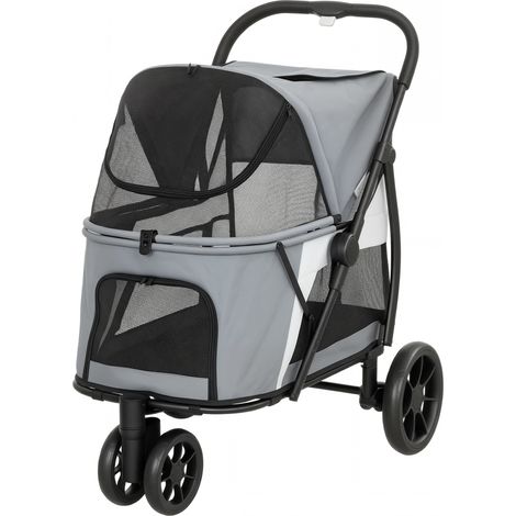Chariot pliable pour chien gris, avec coussin lavable, fenêtre en filet, 3 roues, pour chien moyen jusqu'à 20 kg (1/5)