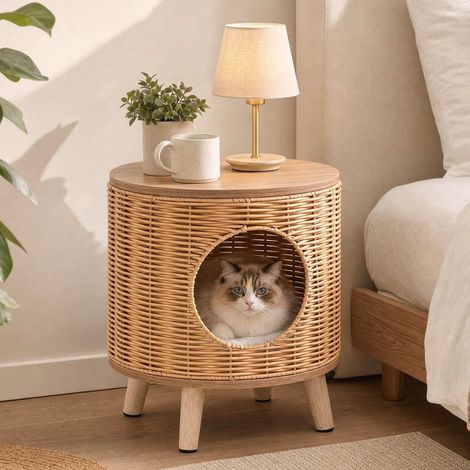 Rattan Cat House with Removable Cushion & Rubberwood Base (1/4)