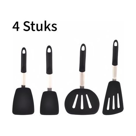 Set di 4 spatole da cucina in silicone, antigraffio e resistenti al calore, ideali per bistecche, pesce e pancake, con manici in acciaio inox. Set completo per la cucina. (1/5)