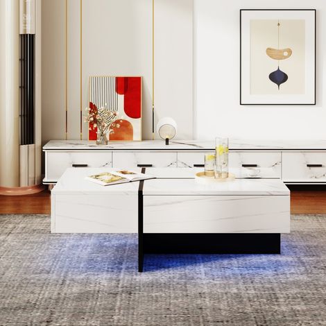 Table basse brillante 100x50x34,5 cm avec éclairage LED (appli), effet pierre blanc/noir et structure métal - salon moderne (1/5)