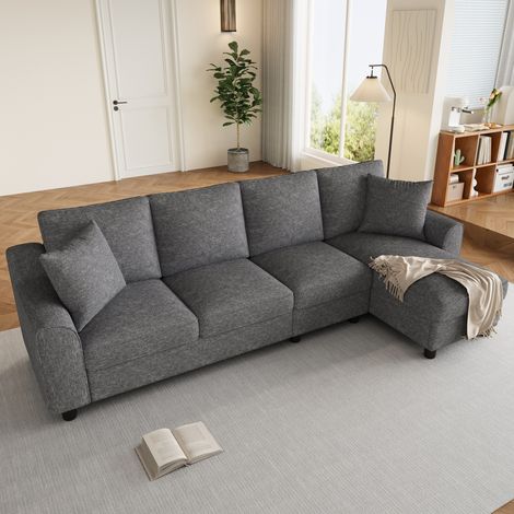 Canapé d’angle 4 places 280x136x82 cm avec configuration modulable, méridienne, rangements, salon confortable, en chenille, gris (1/5)