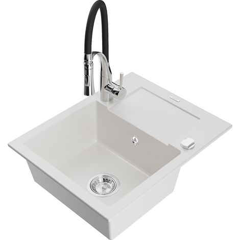 Mexen Enzo lavello in granito a 1 vasca con scolapiatti e rubinetto da cucina Aster, bianco - 6506-20-73450-07 (1/5)