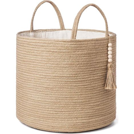 Panier de rangement tissé en corde naturelle avec perles en bois pour couvertures, jouets, vêtements, chaussures, plantes, panier de rangement avec poignées, décoration d'intérieur (1/5)