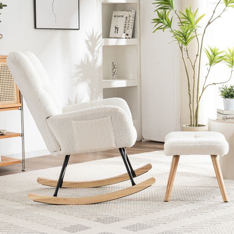 Poltrona a dondolo 94x64x92 cm bianca con poggiapiedi, tessuto bouclé e struttura in legno MEUBLIV (1/5)