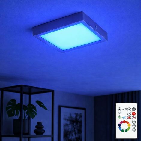 Deckenlampe nickel Wohnzimmerleuchte modern Deckenpanel dimmbar, RGB LED quadratisch Fernbedienung, LED 6W 480lm 3000K warmweiß, LxBxH 22,5x22,5x3,5cm