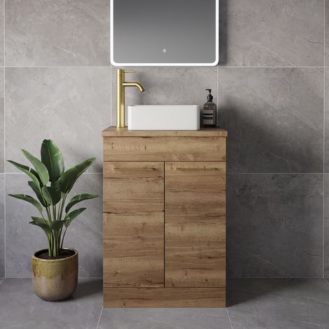 Napoli 390 Tobacco Oak 600mm 2 Door Vanity Unit for Countertop Basins - 600mm - Brushed Brass 160mm Handle