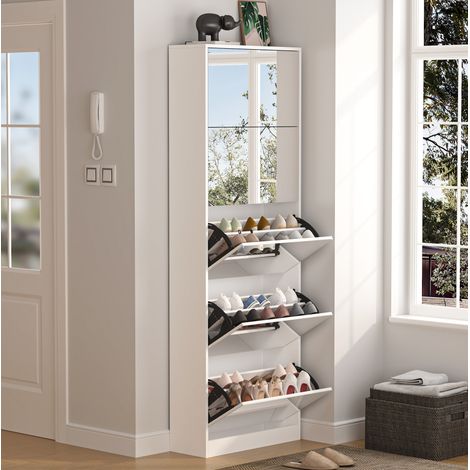 MEUBLIV Zapatero con espejo blanco 63x23,6x185 cm – 5 puertas abatibles de doble nivel (1/5)