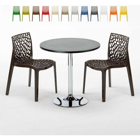 Table Ronde Noire 70x70cm Avec 2 Chaises Colorées Grand Soleil Set Intérieur Bar Café Gruvyer Cosmopolitan - Marron (1/5)